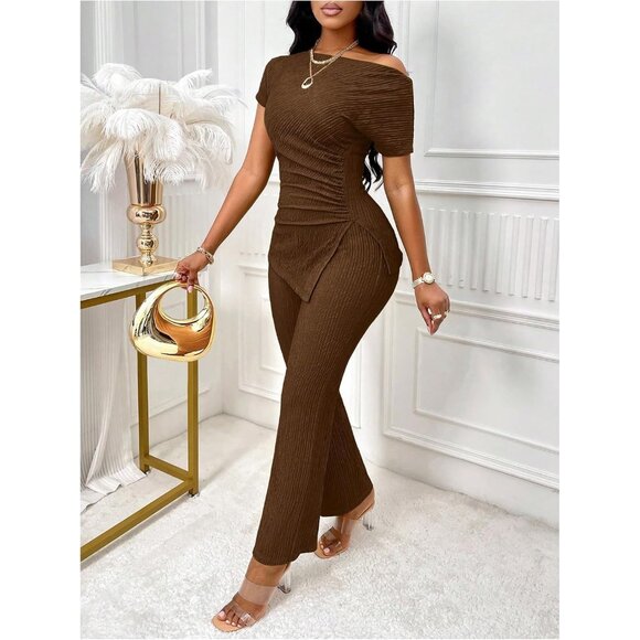 Women's 2 Piece Outfit Polyester Large Ruched Neck Short Sleeve Pants Set - Picture 3 of 5